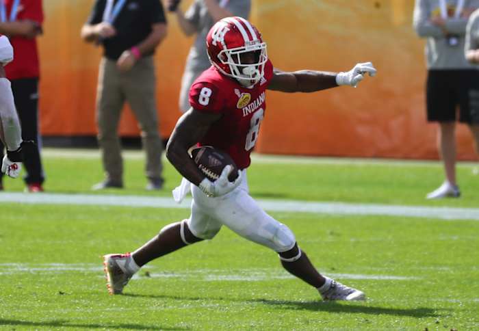 Indiana Hoosiers running back Stevie Scott III (8) runs with the ball against the Mississippi Rebels. Mandatory Credit: Kim Klement-USA TODAY